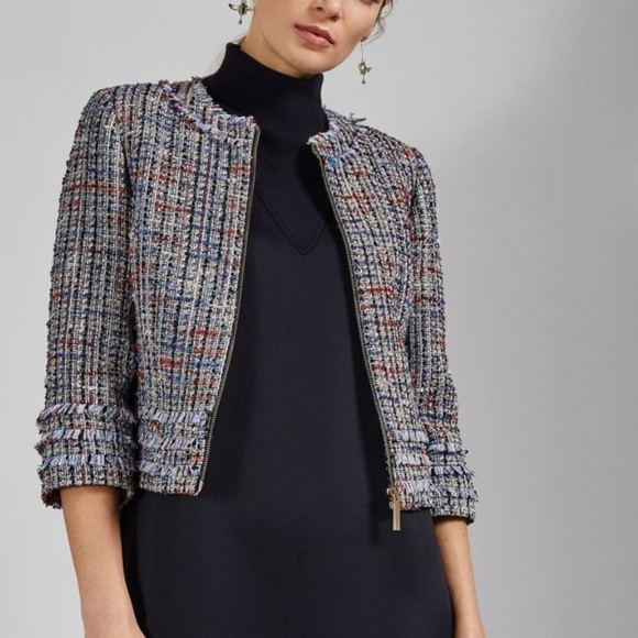Ted Baker Tweed Fringe Full Zip Jacket Sz 3 - Picture 1 of 13